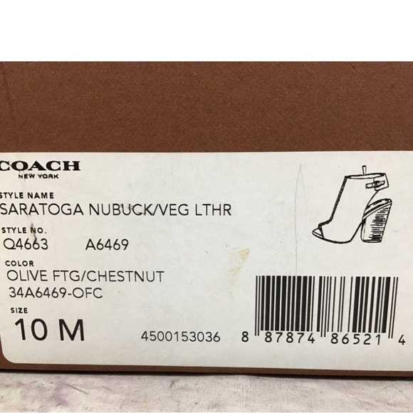 Coach Saratoga Nubuck Vegan Leather Olive Chestnut Peep Toe Size 10M IOB - Picture 2 of 6